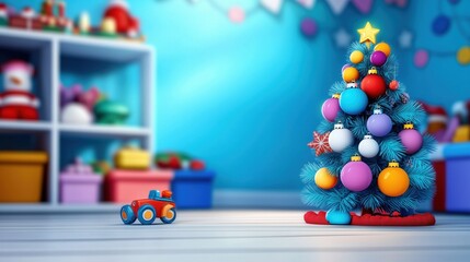  Documentary-Style 3D Illustration of a Kids' Playroom with a Colorful Christmas Tree and Toys, Capturing Festive Fun and Joyful Holiday Spirit with Warm Natural Lighting.
