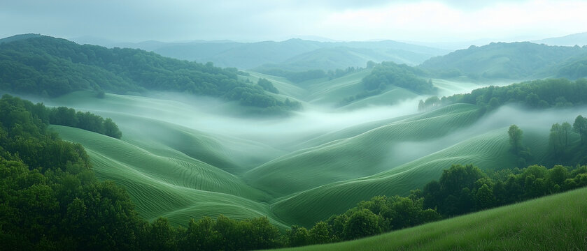 A misty, ethereal scene of dense fog rolling over green hills, with soft light breaking through the mist.