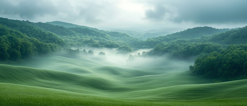 A misty, ethereal scene of dense fog rolling over green hills, with soft light breaking through the mist.