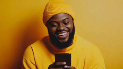 Young man in a bright yellow sweater and beanie smiles while using his smartphone against a vibrant yellow backdrop