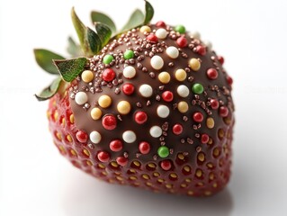 A festive chocolate-dipped strawberry with holiday sprinkles, isolated on white background. 