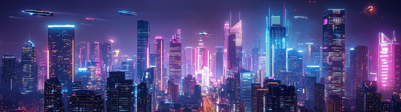 Fototapeta A futuristic city at night illuminated by vibrant neon lights, with towering skyscrapers and flying vehicles zooming by.