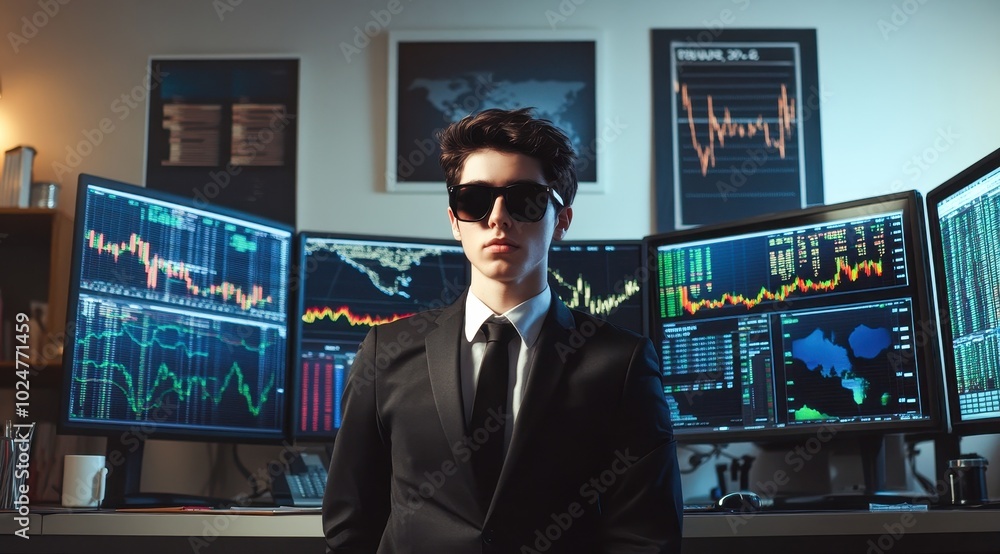 Poster confident business professional in suit standing in front of multiple screens with financial data an
