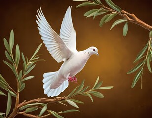 A graceful white dove in flight amid olive branches, biblical story, Christianity, dove of peace