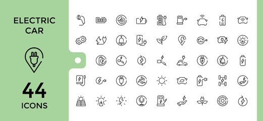 Electric car line icons set. electric vehicle charging station, EV plug, bus, motorcycle, energy recovery, smart e car, Minimal outline icon collection, Editable stroke, pixel perfect.