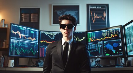 Fototapeta premium Confident business professional in suit standing in front of multiple screens with financial data and stock market charts.