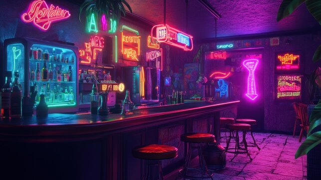 Neon-Lit Bar Interior with Empty Stools and Bottles - Powered by Adobe