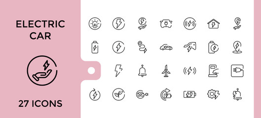 Electric car line icons set. electric vehicle charging station, EV plug, bus, motorcycle, energy recovery, smart e car, Minimal outline icon collection, Editable stroke, pixel perfect.