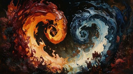 A swirling cosmic representation of fire and water, symbolizing balance and duality.