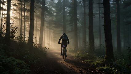 Obraz premium Cyclist Silhouette Riding Through a Foggy Forest: Morning Mist and Light Rays