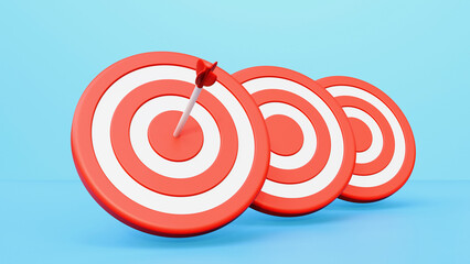 Red round shaped targets with arrow representing concept of setting goals correctly on blue background. Business concept.