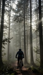 Fototapeta premium Cyclist Silhouette Riding Through a Foggy Forest: Morning Mist and Light Rays