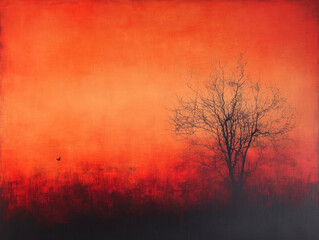 Obraz premium A solitary tree stands against a vibrant orange and red sunset sky in a serene landscape