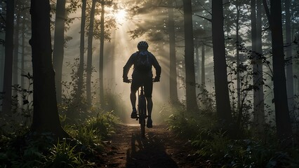Obraz premium Cyclist Silhouette Riding Through a Foggy Forest: Morning Mist and Light Rays