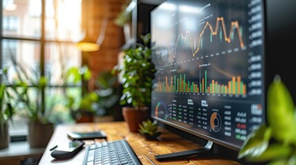 Computer monitor sitting on a desk with a keyboard, strategic planning diagram