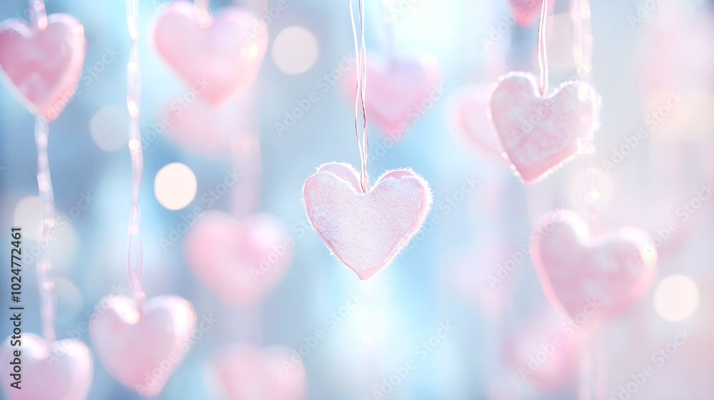 Aufkleber soft pink hearts hanging on strings with a dreamy bokeh background, creating a romantic and delicate