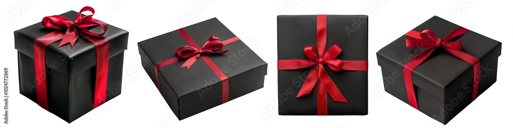 Wall mural Set of black gift boxes with red ribbons isolated on the background. Gift box on a transparent background. Black friday. Generative AI.