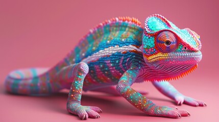 Obraz premium Captivating image of a chameleon showcasing its vibrant colorful skin and intricate texture The reptile s distinctive features such as its eye and tongue are captured in stunning detail