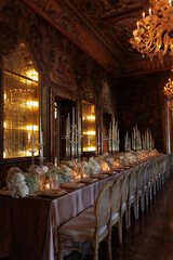 Modern luxury destination wedding decor in dark gold mode in historical Italian villa Arvedi with candelabras, gold chairs flowers and artworks