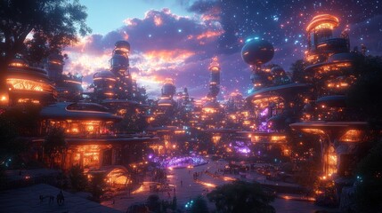 A vibrant futuristic cityscape illuminated by colorful lights.