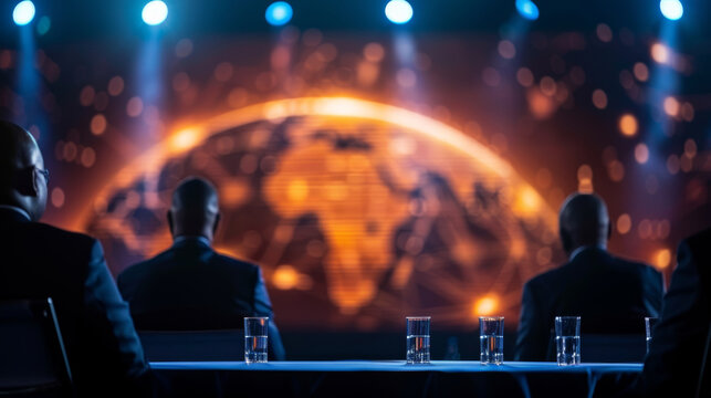 Business leaders engage in strategic discussions with a global backdrop at a conference
