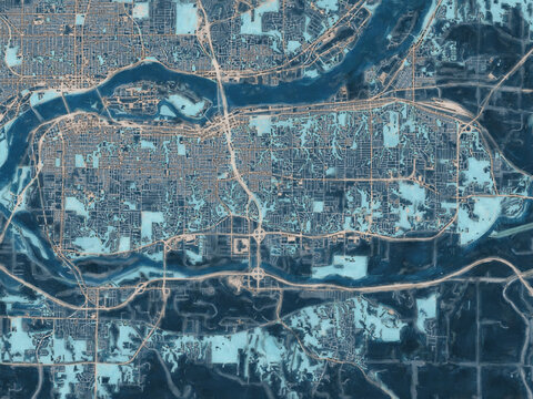 Painterly Style City Map of Moline Illinois, USA in a Blue Color Scheme.