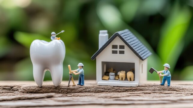 Tiny dentist figures work diligently to build a small house atop a giant tooth, creating a delightful scene of dental artistry and creativity in a playful environment