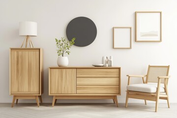 Scandinavian Living Room with Beige Wall and Rattan Chair