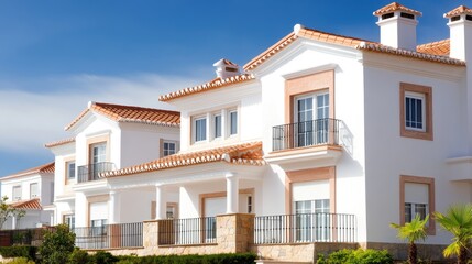 Fototapeta premium This stunning villa in the Algarve showcases a sparkling pool, lush landscaping, and elegant architecture, all set against a picturesque sky and palm trees