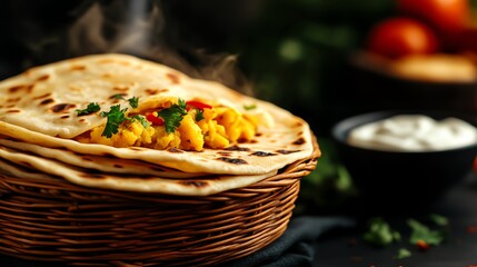 Crispy aloo paratha flatbread stuffed with spiced mashed potatoes, served with cool yogurt