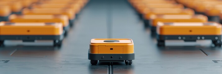 Automated orange robots in a warehouse, showing technology in logistics and modern industry innovation with a focus on efficiency.