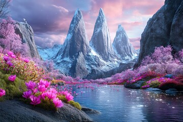 Enchanting, colorful landscape featuring pink flowers, towering mountains, and a tranquil river under a vibrant, cloudy sky.
