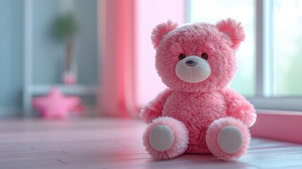 Fototapeta premium Adorable plush pink teddy bear sitting comfortably in a cozy home by a warm inviting window The soft fluffy toy exudes a sense of comfort joy and peace