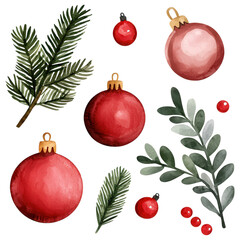 A vibrant watercolor illustration featuring red Christmas ornaments and green foliage, perfect for holiday decor or festive designs.