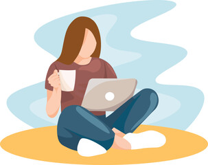 A woman with a laptop sits on the carpet at home. Concept illustration for work, freelancing, study, education, work from home. Vector illustration in flat cartoon style