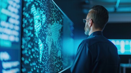 Business professional analyzing digital world map on screen. Concept of global connectivity, data analysis, and technology innovation.