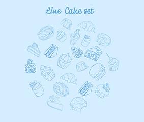 Set of blue linen cakes desserts on sky blue background, elements in circle shape. Design for cafe postcard or print. Cute style banner or web for confectionery shop.