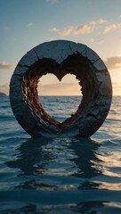 Fototapeta premium Heart-shaped object floating in ocean at sunset with warm, glowing sky