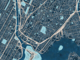 Painterly Style City Map of Mott Haven  New York, USA in a Blue Color Scheme.