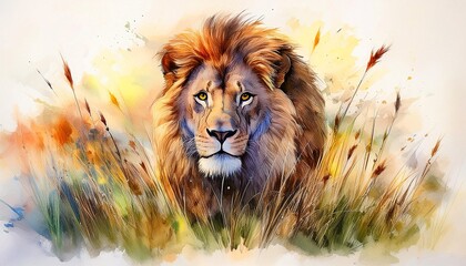Lion Pouncing Through Grass, watercolor art style