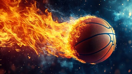 Fototapeta premium A basketball engulfed in flames with smoke and sparks trailing behind it.