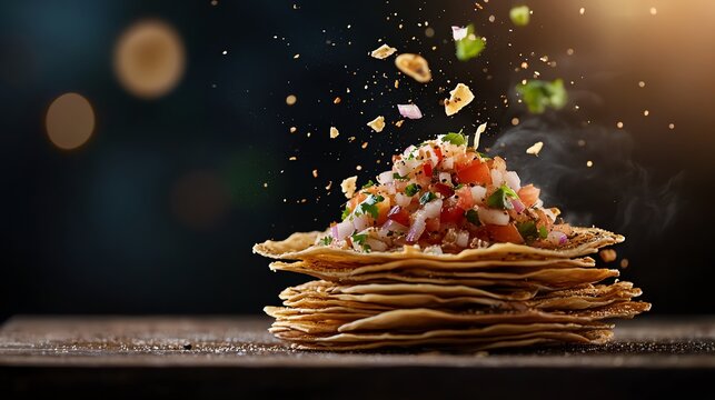 Crispy masala papad topped with a tangy mix of diced onions, tomatoes, and spices
