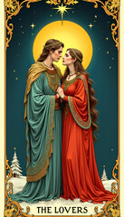 New Year and Christmas tarot card "The Lovers" with romantic artwork f