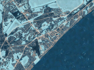 Painterly Style City Map of Myrtle Beach South Carolina, USA in a Blue Color Scheme.