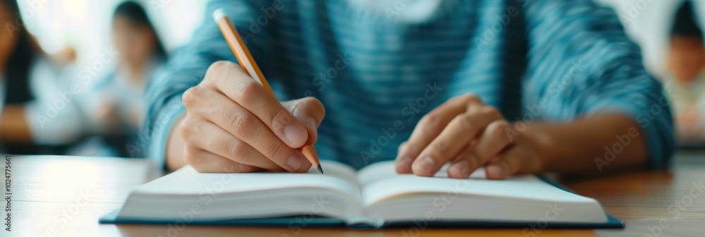 Poster close-up of a person writing in a notebook, capturing focus and concentration in a study or work env