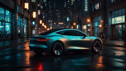 Modern Electric Car Driving Under Neon Lights in a Futuristic City