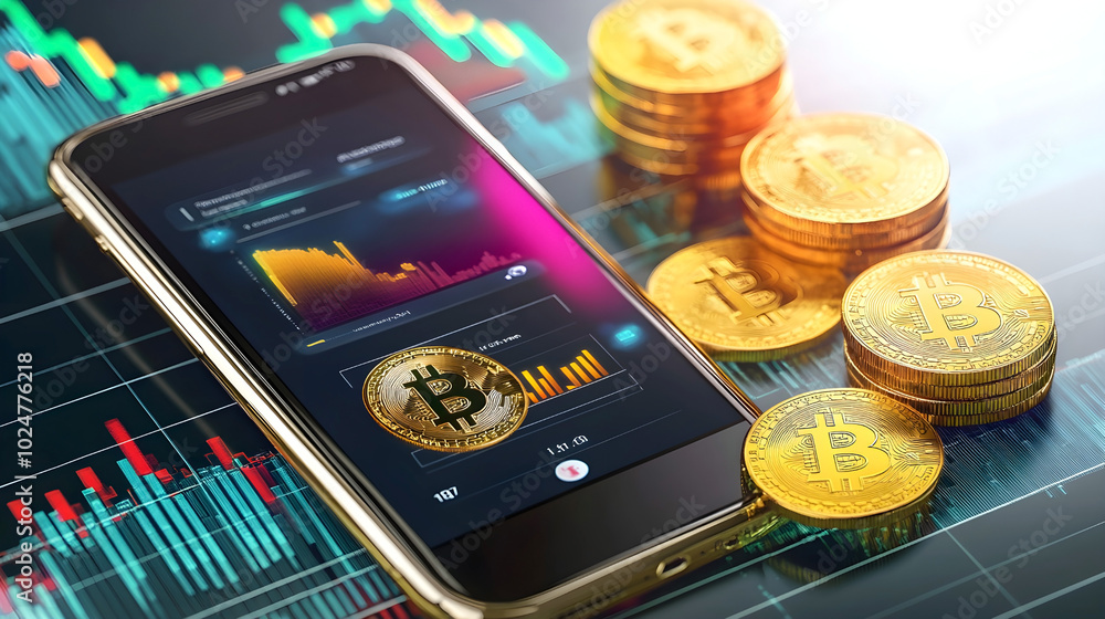 Aufkleber smartphone displaying cryptocurrency trading app with bitcoin coins and market charts in the backgro