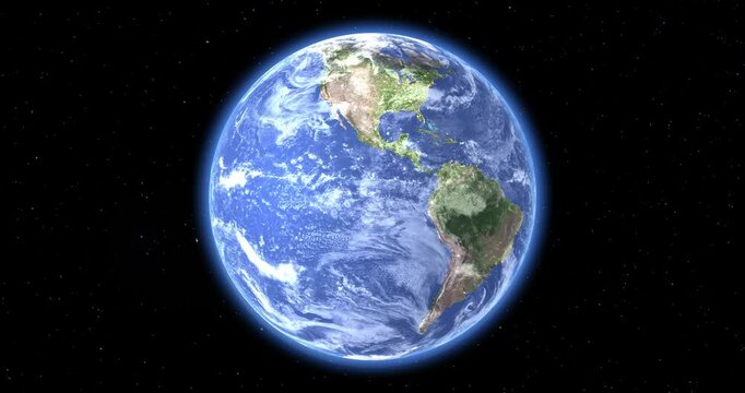 Planet Earth Spinning 360, Seamless Loop, Photorealistic 3D Rendering Animation, Blue planet among the stars.