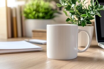 White coffee mug on a desk in a bright, modern workspace with a laptop, notebooks, and plants in the background