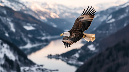 A bald eagle in flight over a scenic mountain landscape with snow-covered peaks and a winding river below.